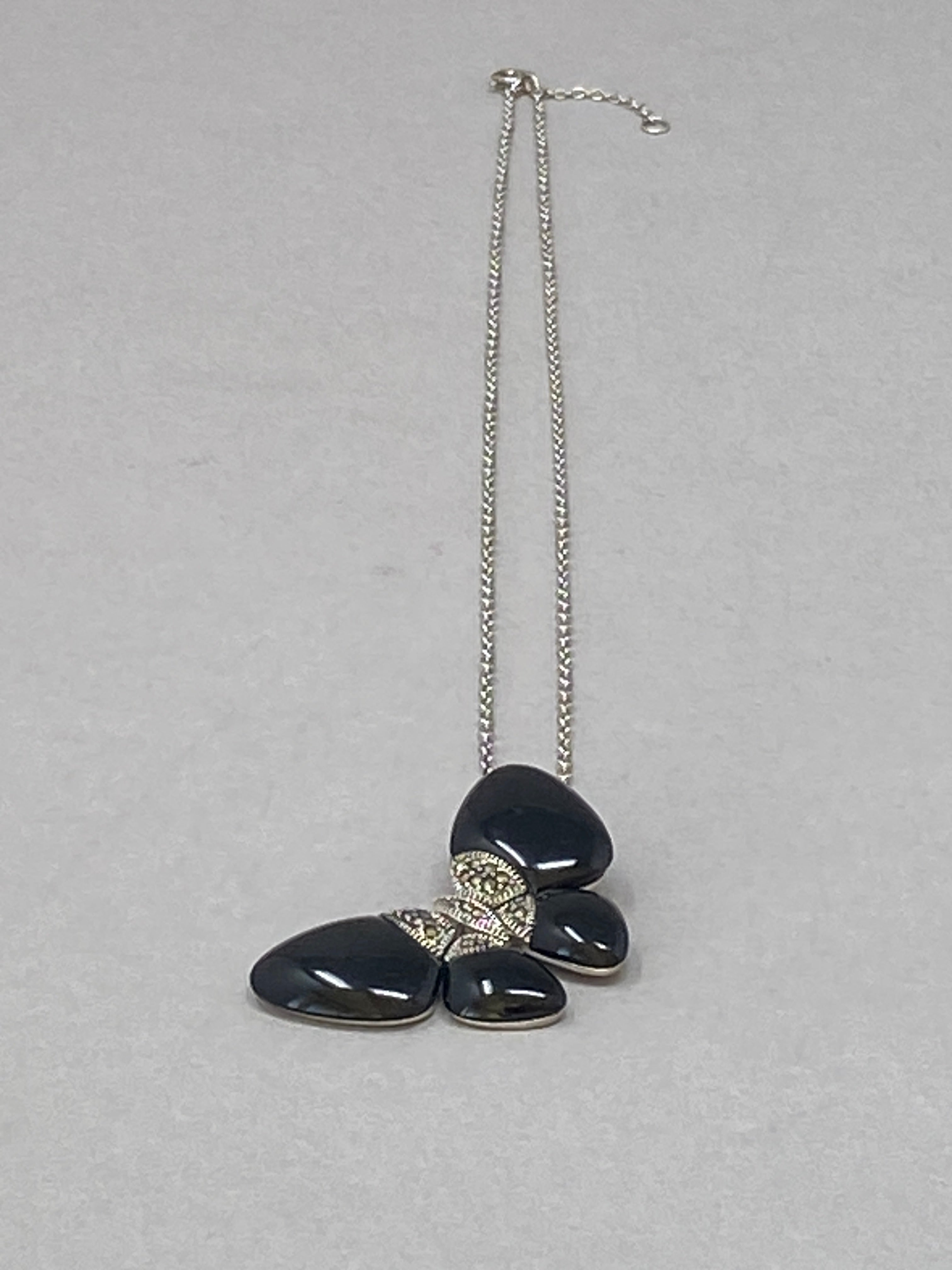 Silver, Black Onyx and Marcasite Butterfly Necklace