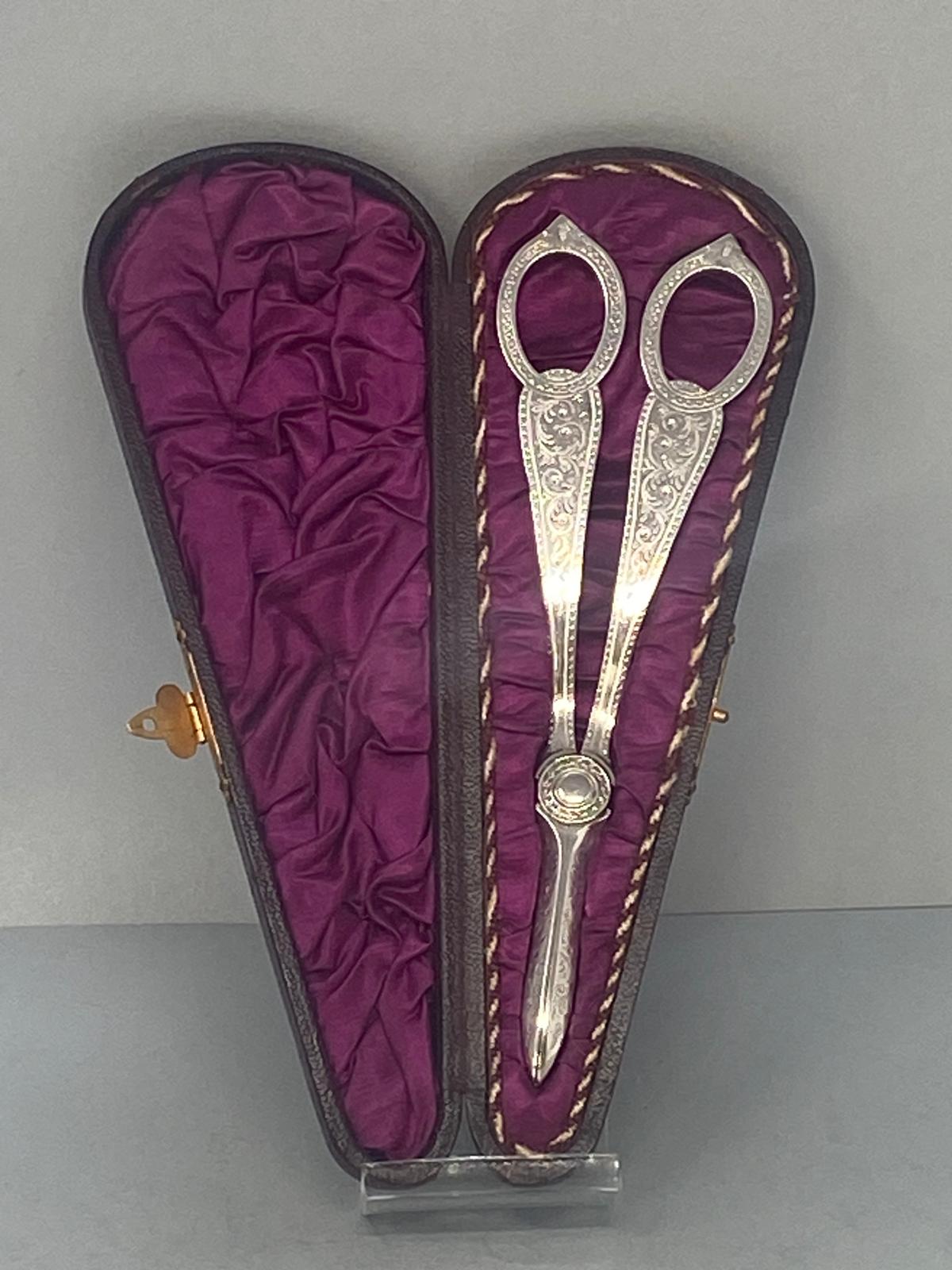 Antique Victorian Silver Plated Grape Shears in Original Box