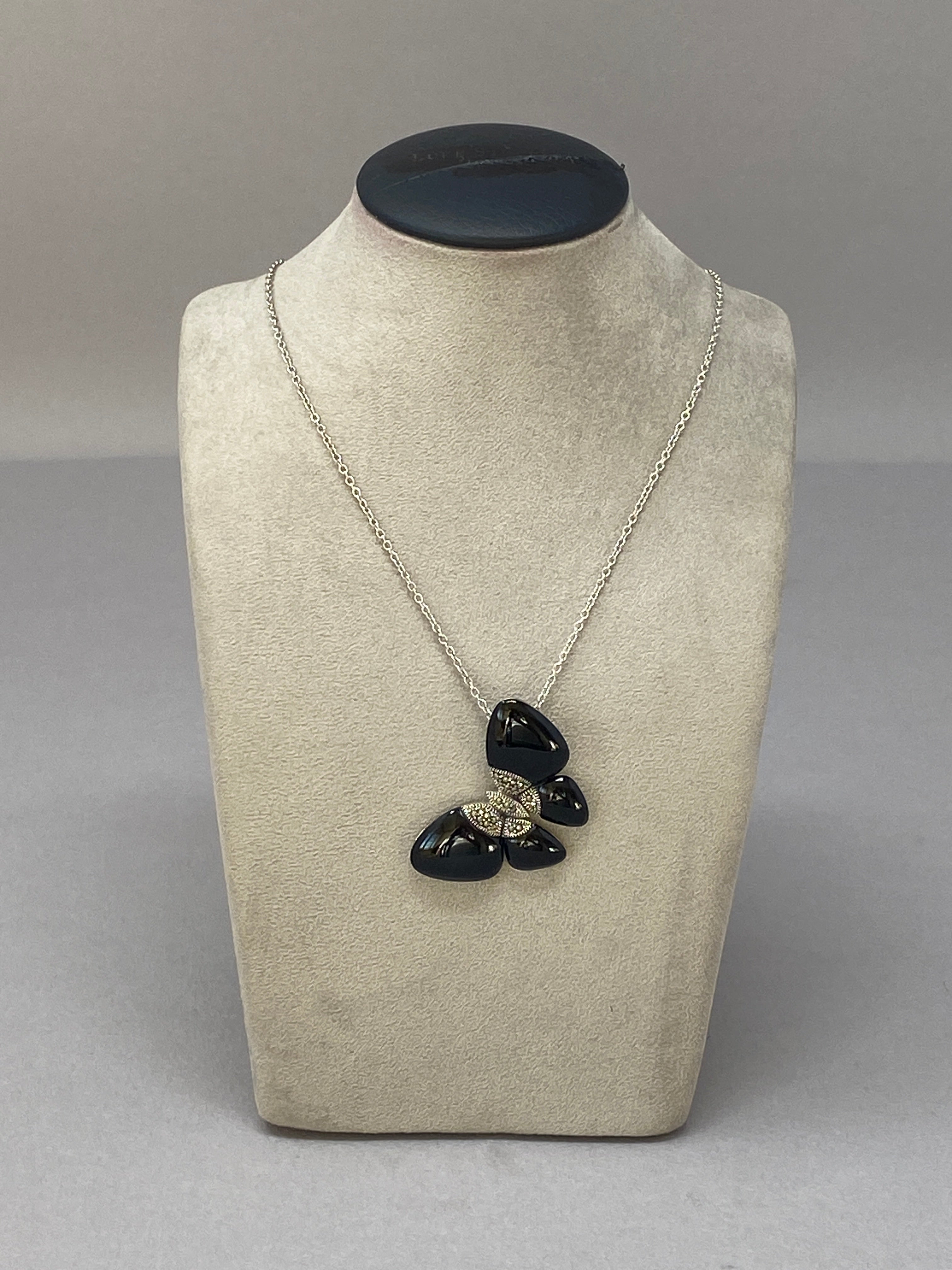 Silver, Black Onyx and Marcasite Butterfly Necklace