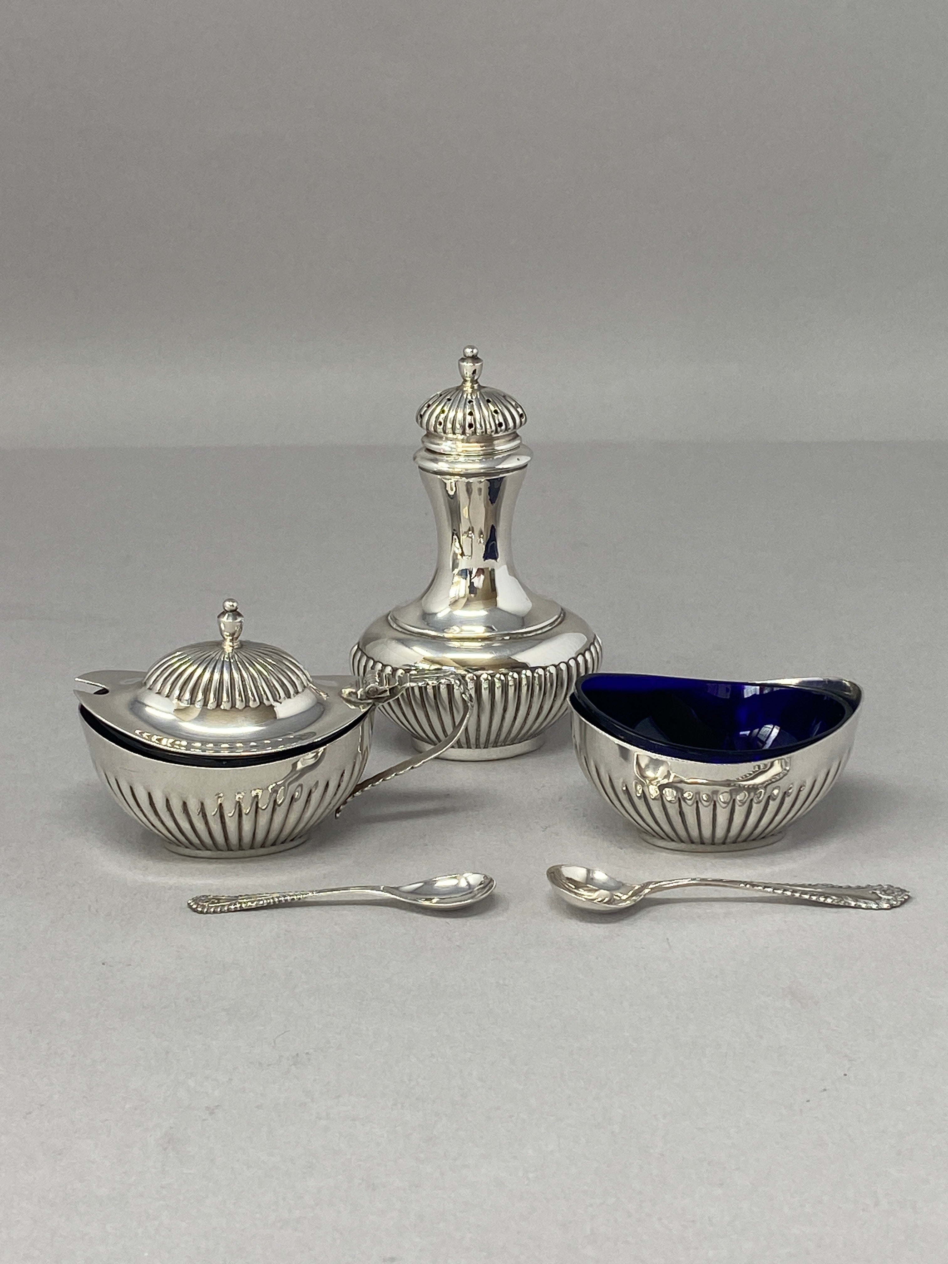 Solid Silver Three Piece Condiment Set with Spoons