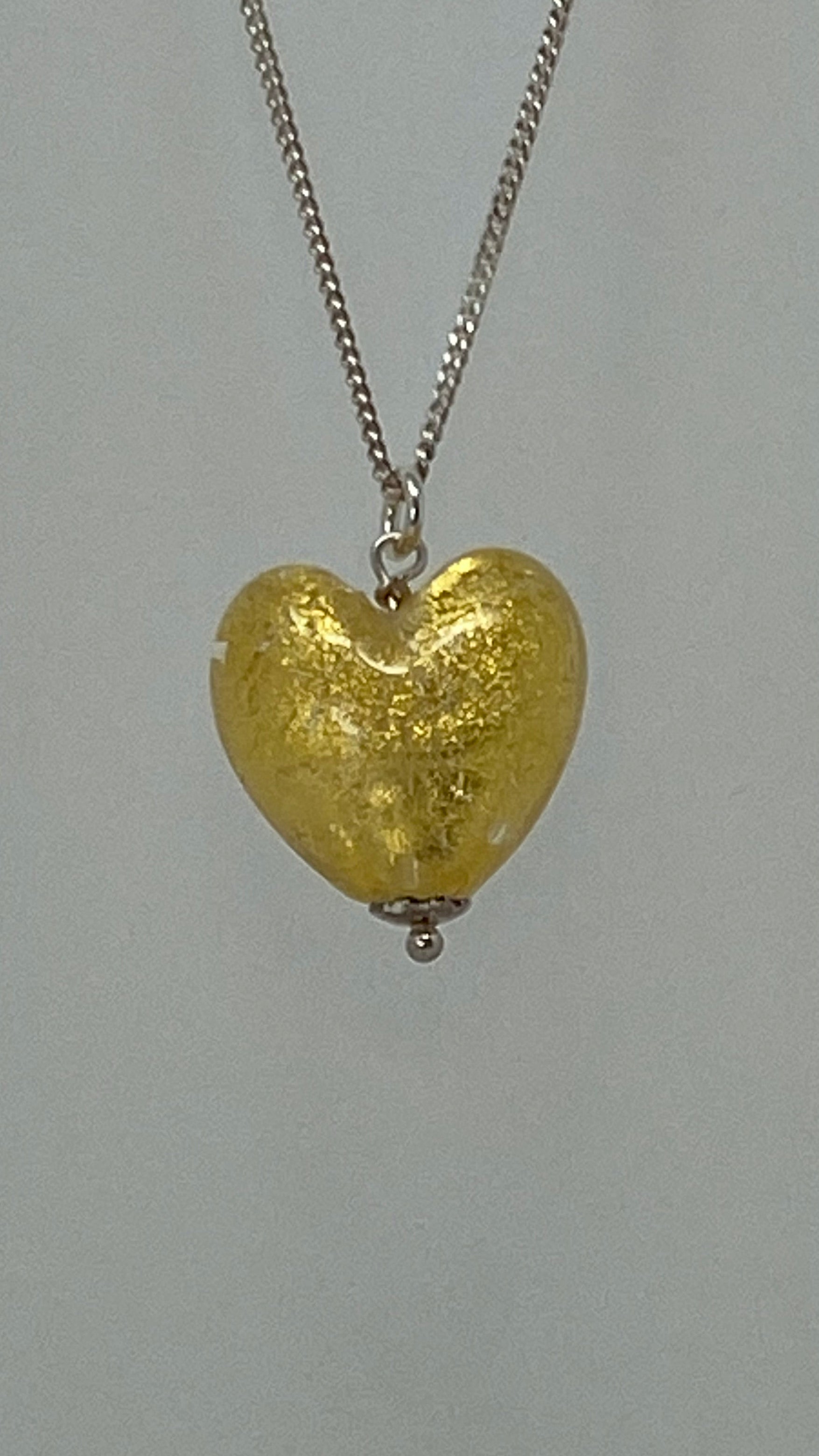 Gold Murano Glass Heart on Silver Chain