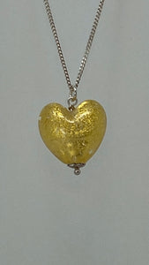 Gold Murano Glass Heart on Silver Chain