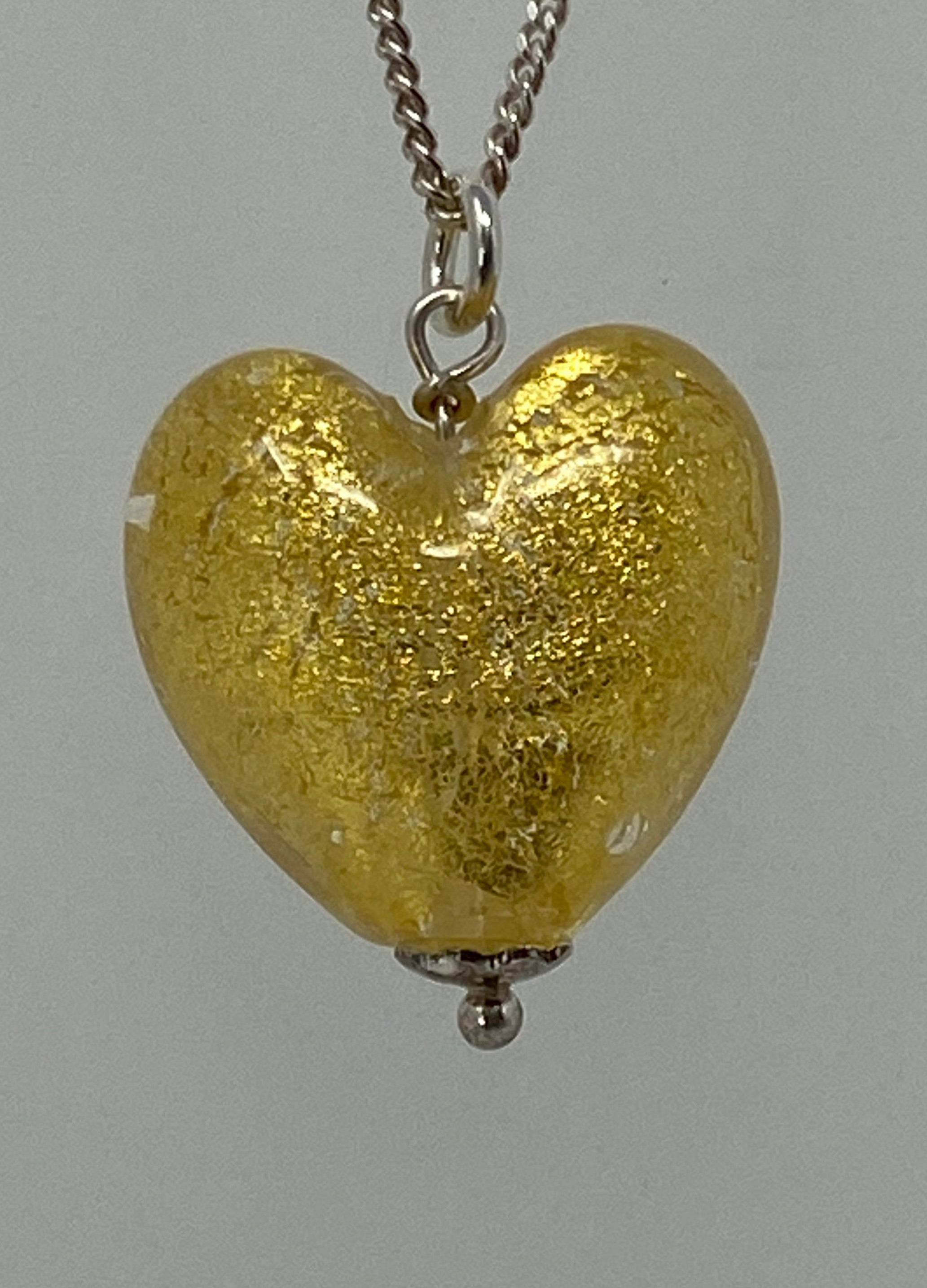 Gold Murano Glass Heart on Silver Chain