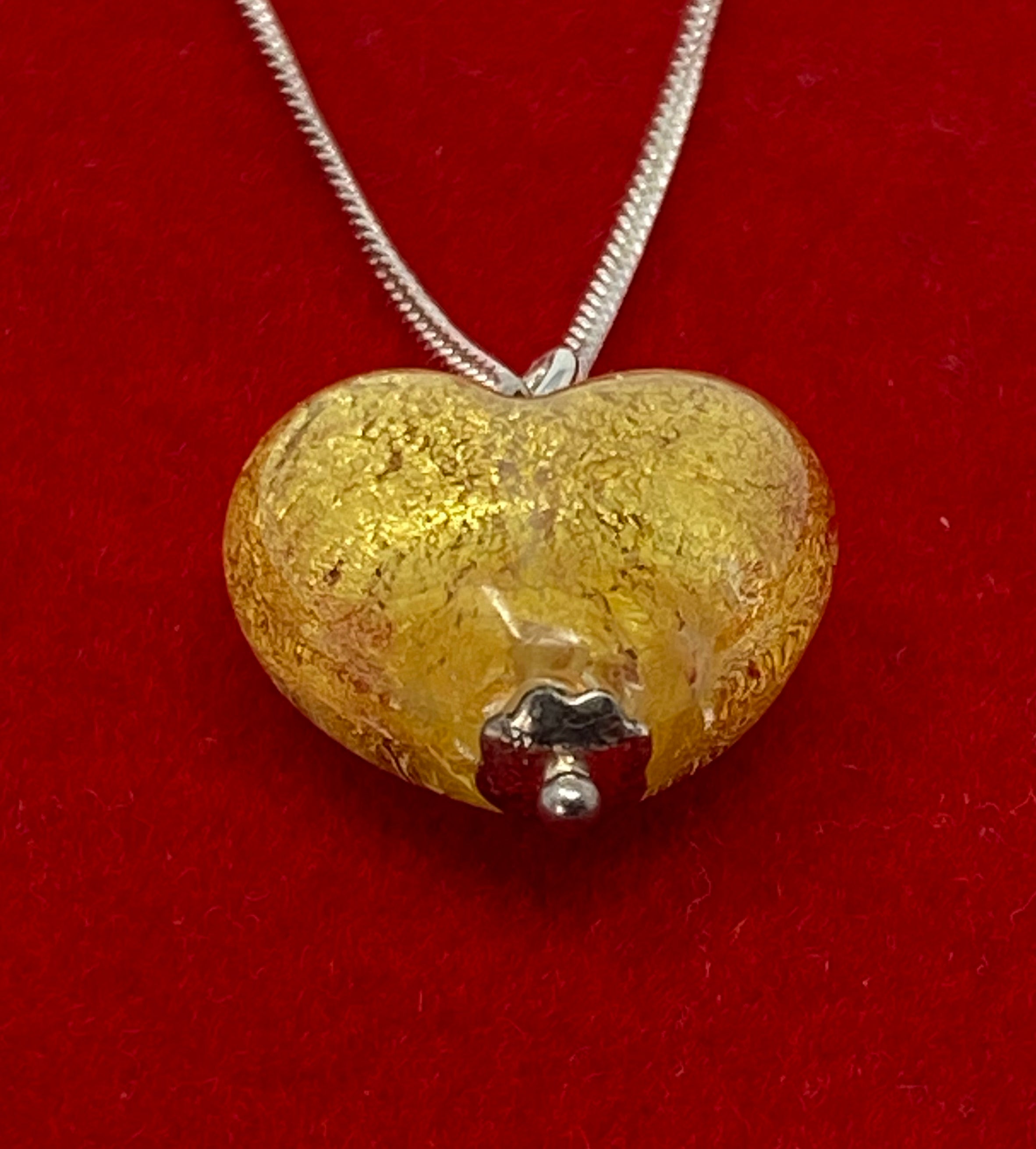 Gold Murano Glass Heart on Silver Chain