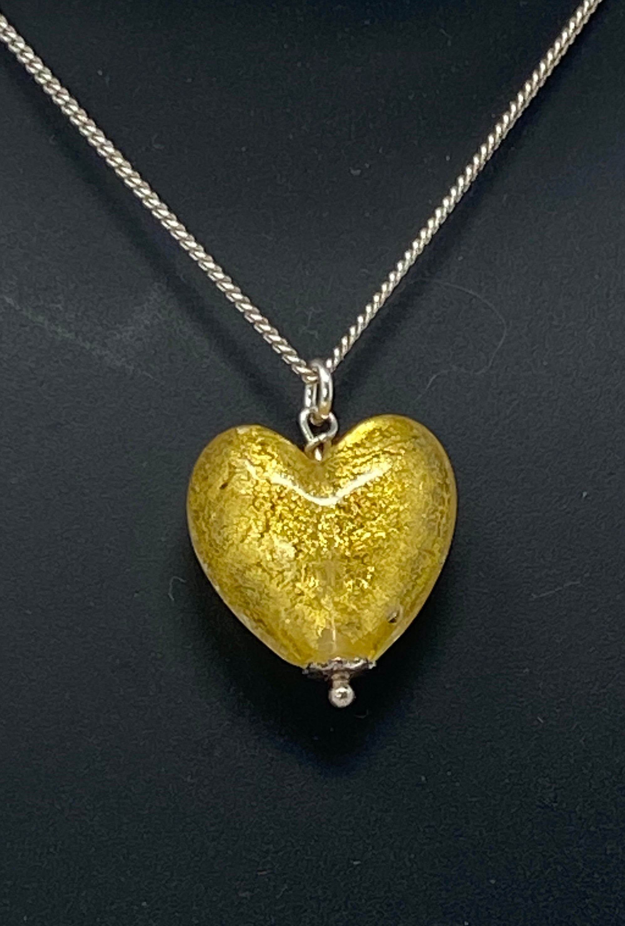 Gold Murano Glass Heart on Silver Chain