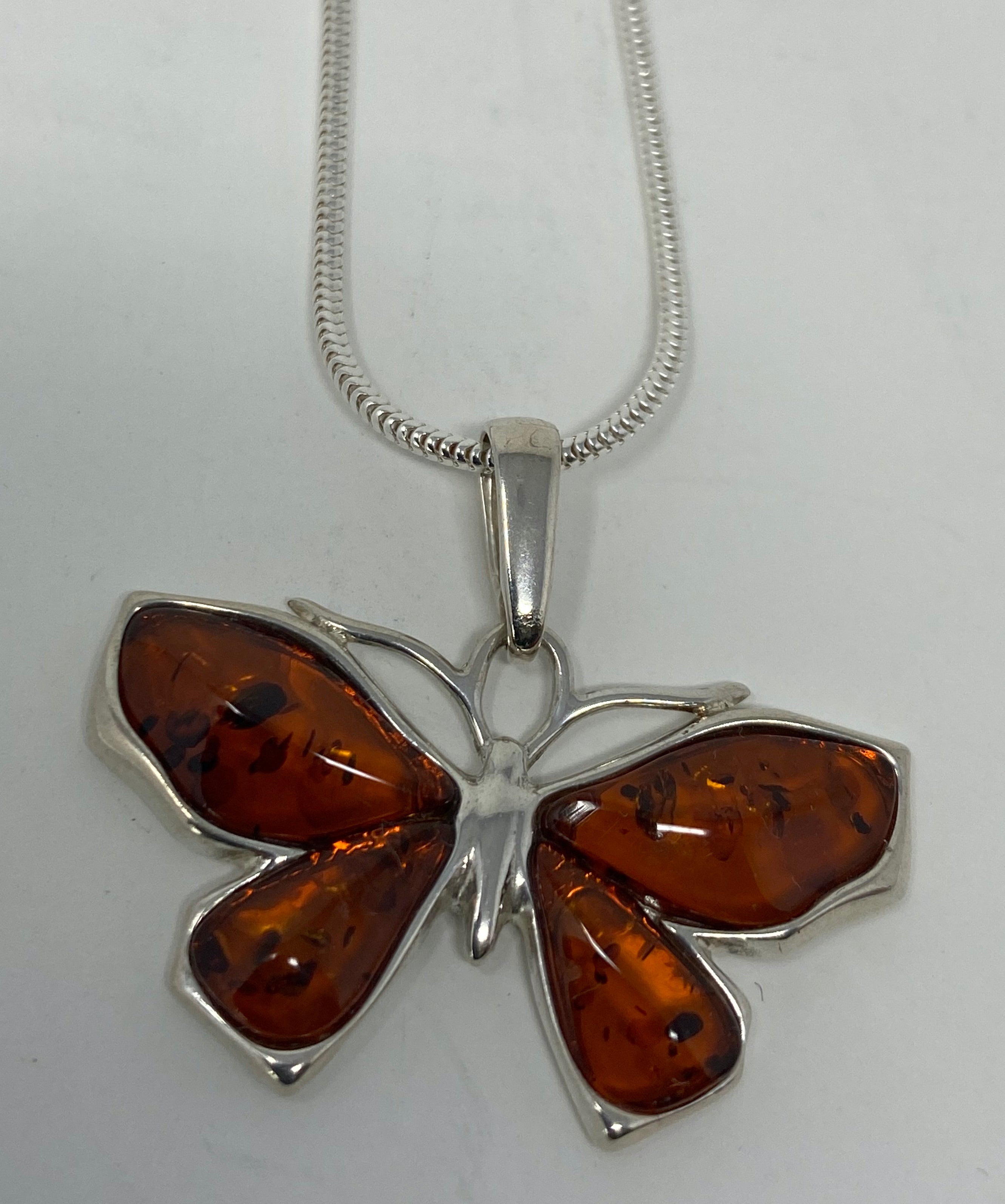 Silver and Amber Butterfly on Snake Chain