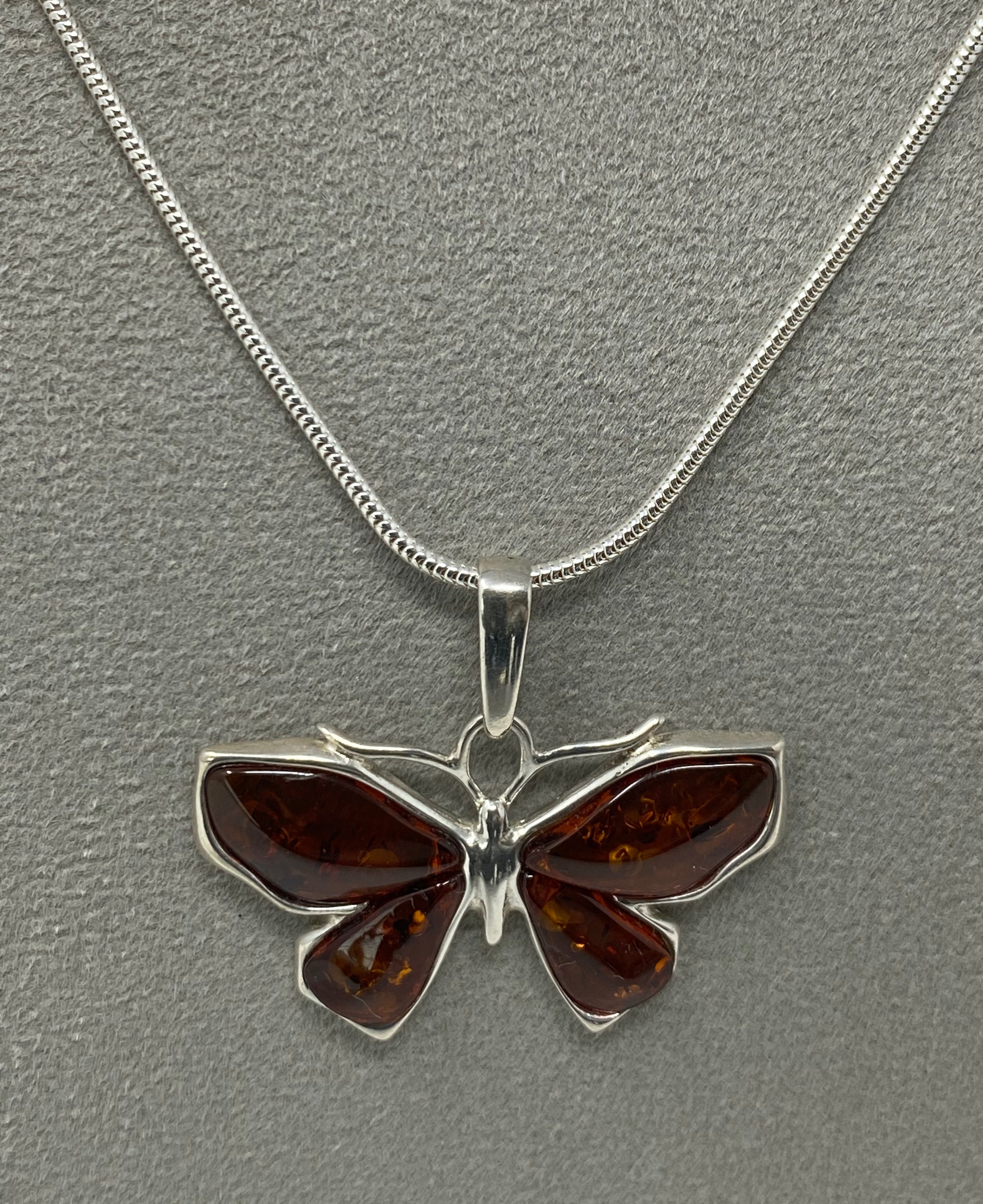 Silver and Amber Butterfly on Snake Chain