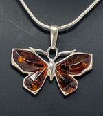 Load image into Gallery viewer, Silver and Amber Butterfly on Snake Chain
