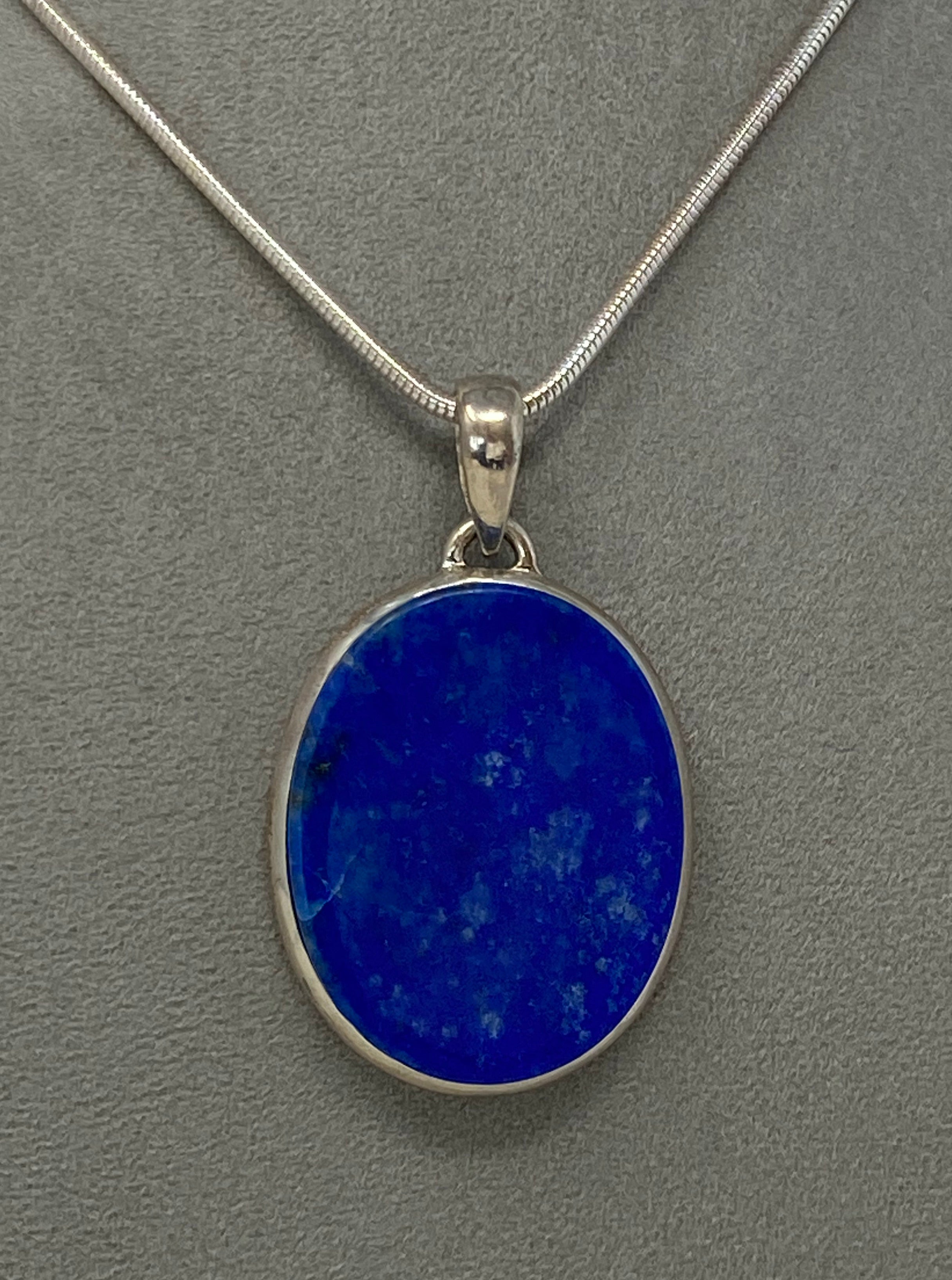 Silver and Large Lapis Pendant on Snake Chain
