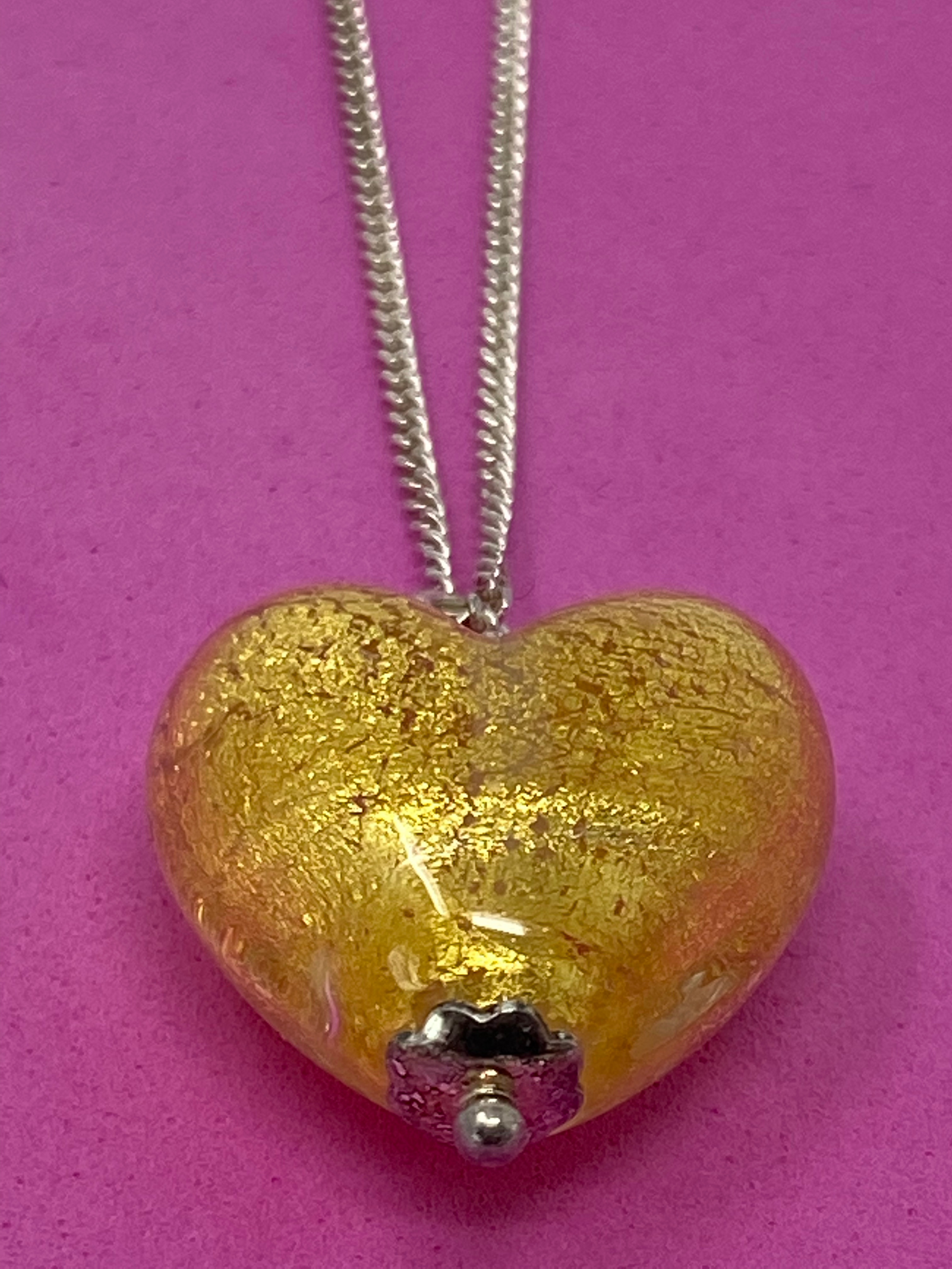 Gold Murano Glass Heart on Silver Chain